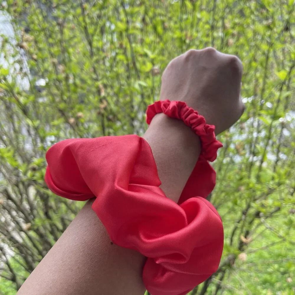 2 New Satin Scrunchie Hair Tie Red